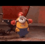 a minion from despicable me is standing on a sidewalk holding a fire hydrant .