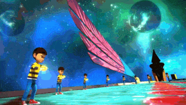 a group of cartoon characters are standing in front of a giant feather