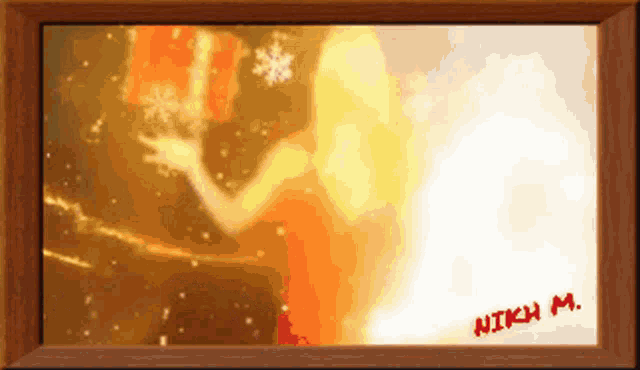 a picture in a wooden frame with the name nikh m. written on it