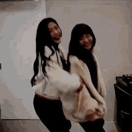 two women are standing next to each other in a room .