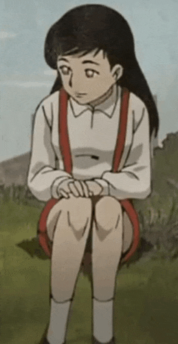 a girl in a white shirt and red suspenders is sitting in the grass .