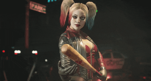 harley quinn is standing in front of a neon sign that says exit