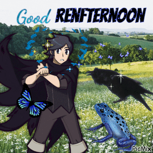 a good afternoon greeting card with a frog and a boy