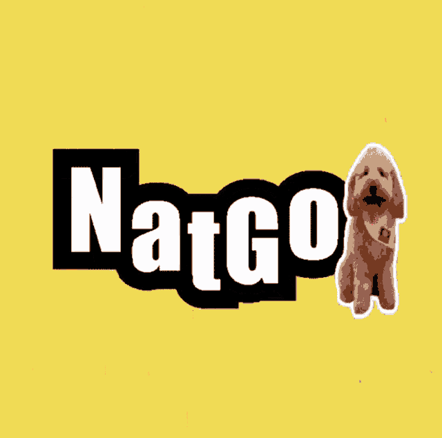 a yellow background with the word natgo and a puppy