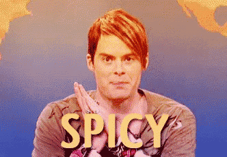 a man with red hair says spicy in yellow