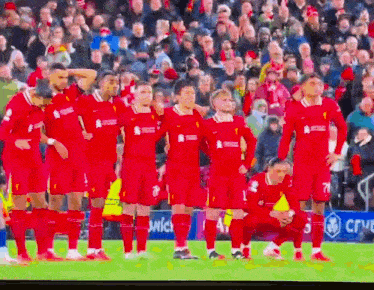 a group of soccer players are kneeling down on the field .