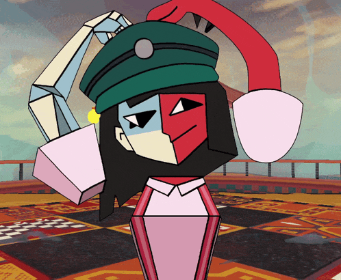 a cartoon character with a green hat and a pink shirt