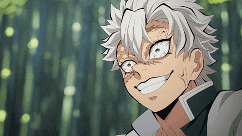 a cartoon character with white hair and white eyes smiles