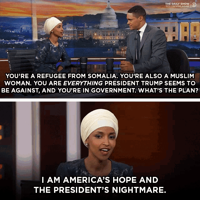 a woman in a turban is talking to a man in a suit on a show called the daily show