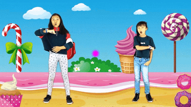 a boy and a girl are standing next to each other in front of a candy land