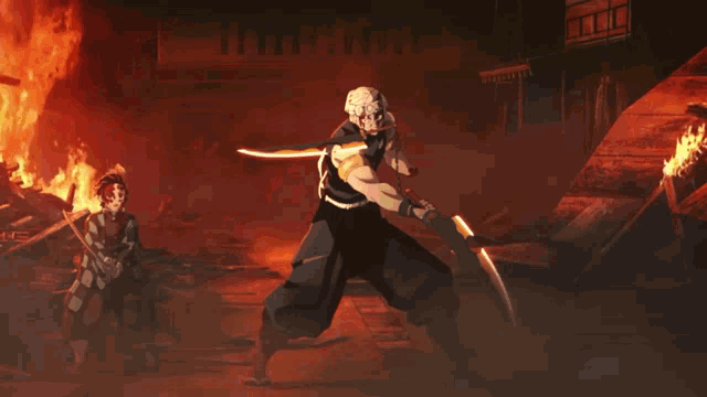 a man is holding a sword in front of a fire and smoke