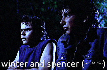 two young men are sitting next to each other with the words winter and spencer written below them