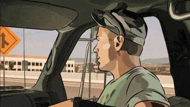 a cartoon of a man driving a car with an arrow sign in the background