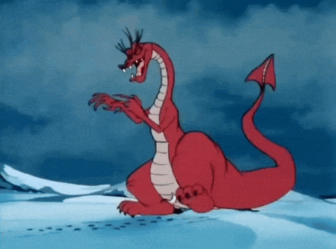 a cartoon dragon is sitting on a snowy hill