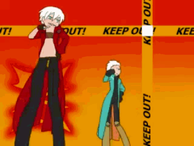 two cartoon characters are standing in front of a keep out sign
