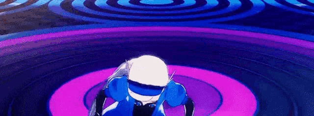 a person in a blue hat is standing in a purple circle in a video game .