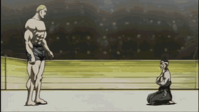 a cartoon of a man standing next to a kneeling man