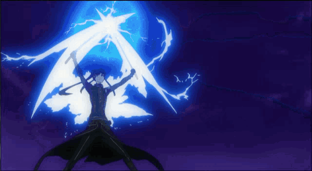 a person with a sword is standing in front of a blue lightning strike