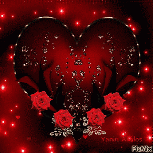a red heart surrounded by red roses and sparkles