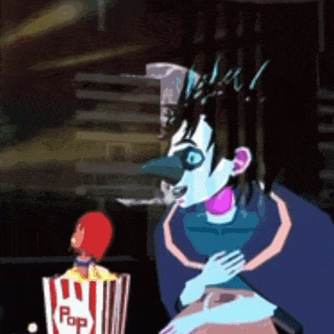 a cartoon character is standing next to a popcorn box