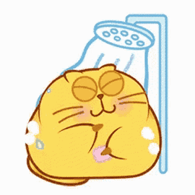 a cartoon cat is taking a shower with soap .