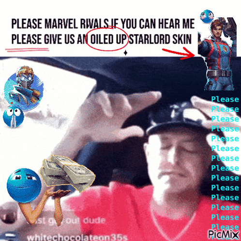 a man in a red shirt holds a stack of money in front of a sign that says please marvel rivals