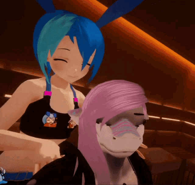 a cartoon girl with blue hair is standing next to a cartoon character with pink hair