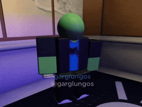 a person with a green head and a blue shirt is standing in a room with garglingos written on the bottom