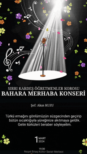 a poster for a concert with a microphone and flowers on it