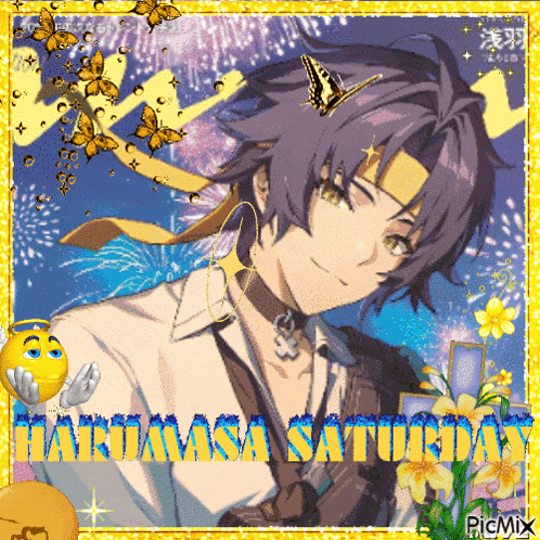 a picture of a boy with a butterfly on his head and the words harimasa saturday on the bottom