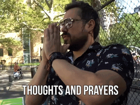 a man praying with the words " thoughts and prayers " above him