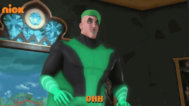 a man in a green and black superhero costume is standing in front of a sign that says nick