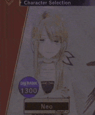 a girl with long blonde hair and a big rank 1300 badge
