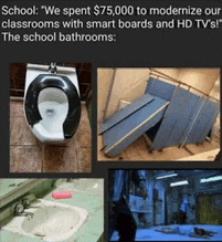 a picture of a toilet a sink and a tv says school