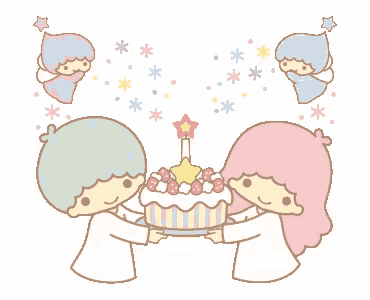 two little twin stars are blowing out candles on a cake