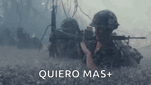a group of soldiers holding guns in a field with the words quiero mas + in the background .