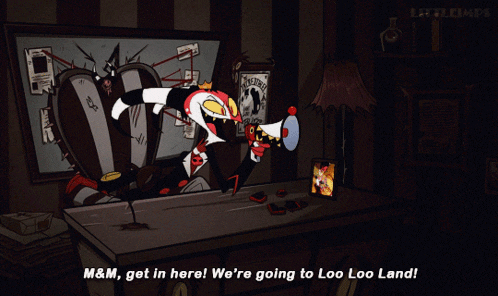a cartoon character is holding a megaphone and says m & m get in here we 're going to loo loo land