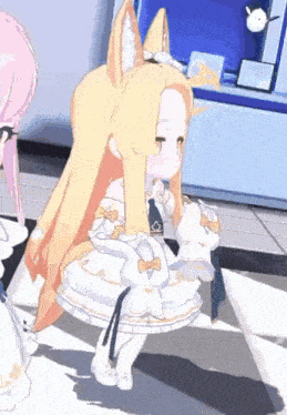 a girl with long blonde hair and fox ears is standing on a checkered floor in a room .