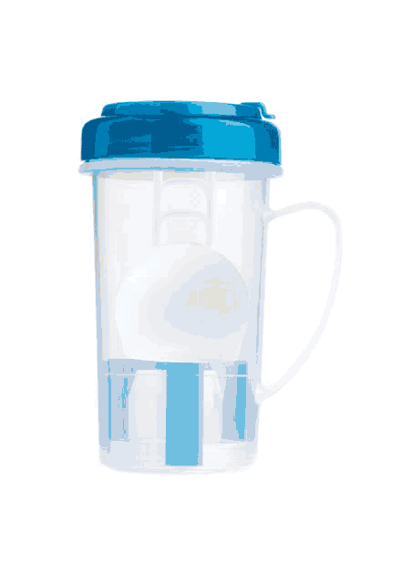 a clear cup with a blue lid and a black item inside