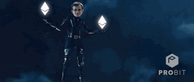 a boy in a superhero costume is holding two ethereum tokens in his hands