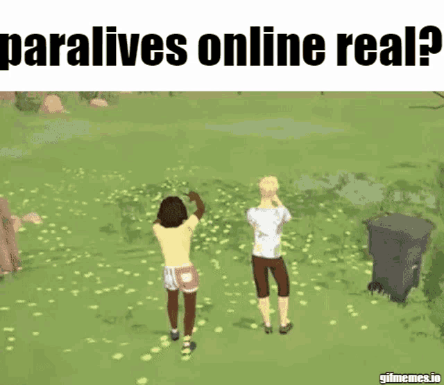 a man and a woman standing in a grassy field with the words paralives online real