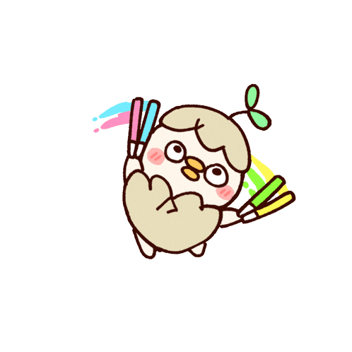 a cartoon drawing of a bird holding a brush and markers