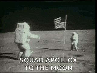 a black and white photo of two astronauts on the moon with the words `` squad apollox to the moon '' .