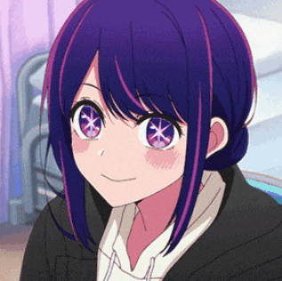 a girl with purple hair and pink eyes is smiling