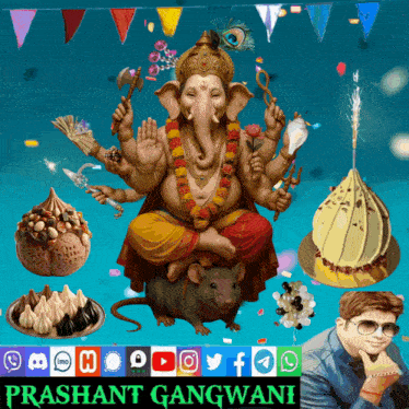 a poster for prashant gangwani shows a painting of ganesha sitting on a rat