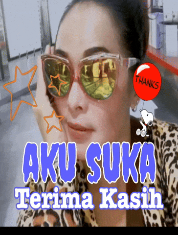 a woman wearing sunglasses with the words aku suka terima kasih written below her