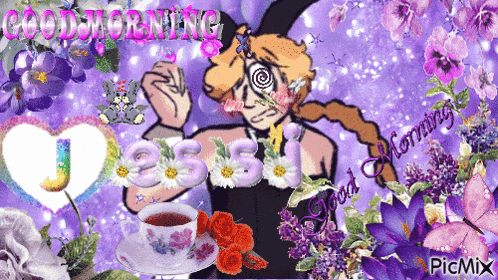 a picture of a witch with a cup of tea and flowers says good morning jesus