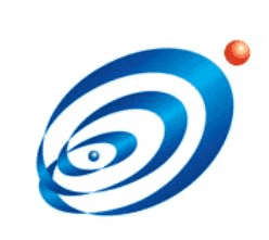 a blue and white swirl with a red ball in the middle