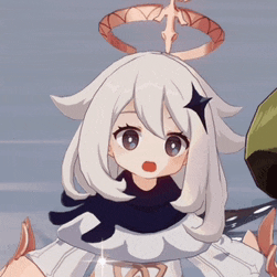 a close up of a cartoon character with a halo on her head .