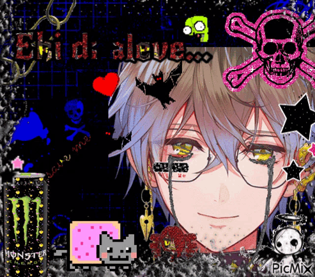 a picture of a boy with a monster energy drink in the corner